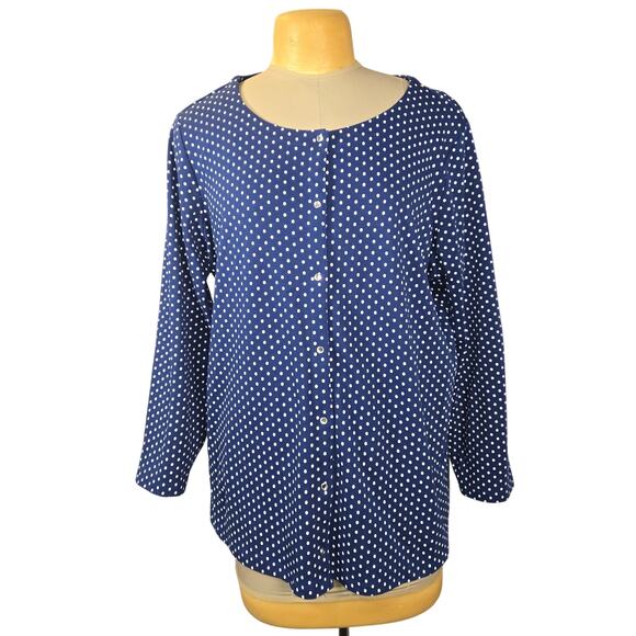 Quacker Factory Jeanne Bice Women 2X Snap Front Top Blue White Polka Dot Stretch - Picture 1 of 11